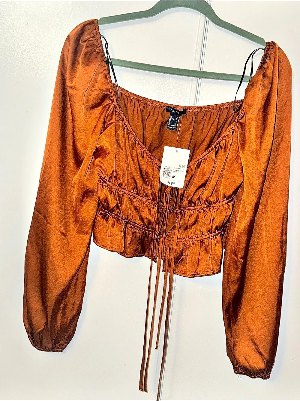 Forever 21 Satin Cropped Long Sleeve Top in Brown